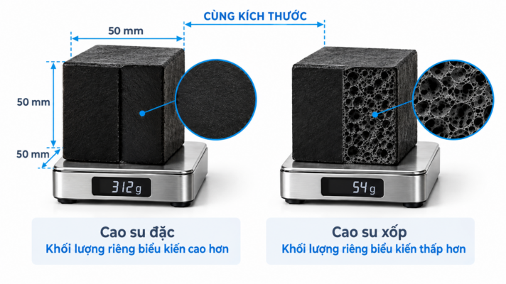 Cao su xốp - cao su lưu hóa 20 Mặt cắt cao su xốp với cấu trúc ô khí (đặt cạnh mẫu cao su đặc để đối chiếu)