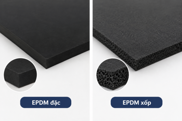 So sánh tấm EPDM đặc (trái) và EPDM xốp (phải): khác biệt về cấu trúc bề mặt và độ đàn hồi